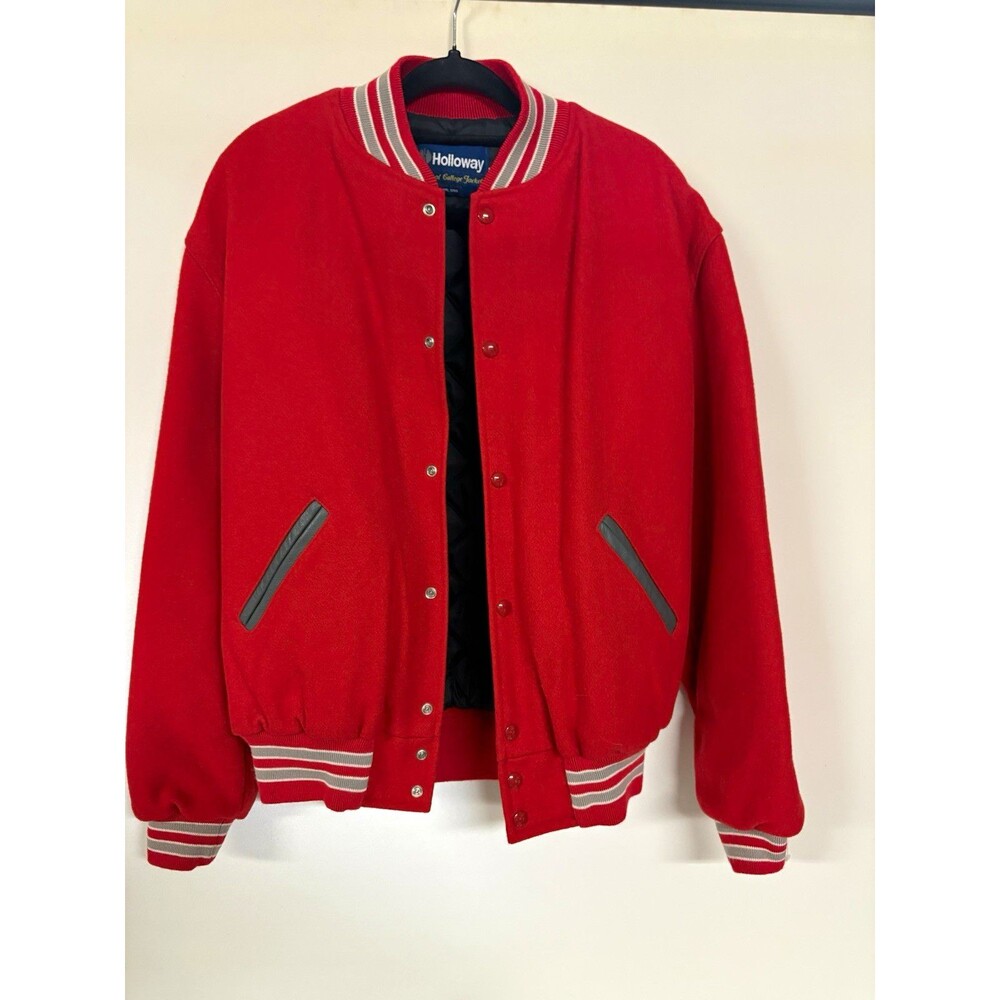 Deadstock Vtg 80s Holloway Blank Wool Varsity Jacket L Red Boxy Fit Made in USA